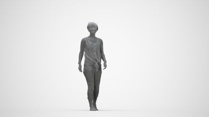 3D human model senior woman walking, photogrammetry scanned person for archviz, wireframe back view