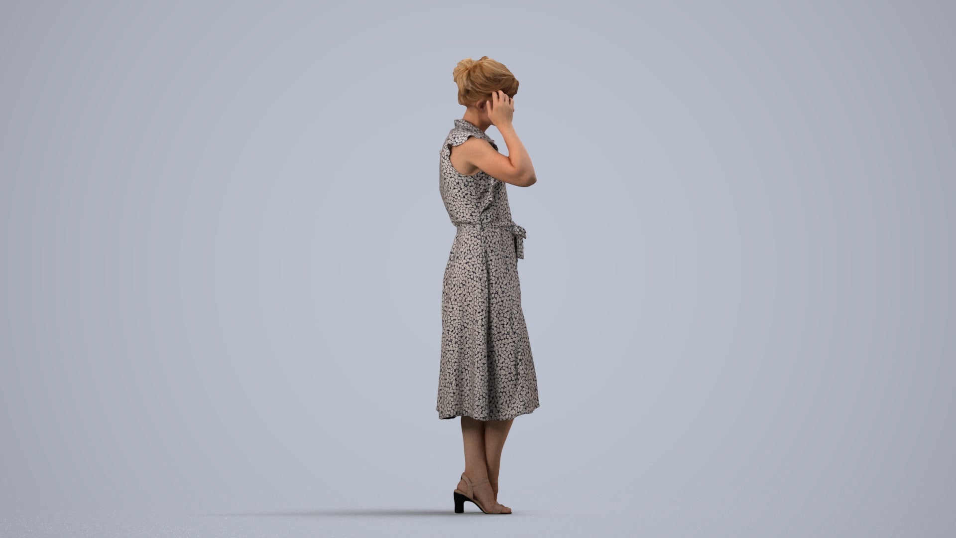 realistic 3D woman casual standing, scanned archviz people for Blender and 3ds Max, side view render
