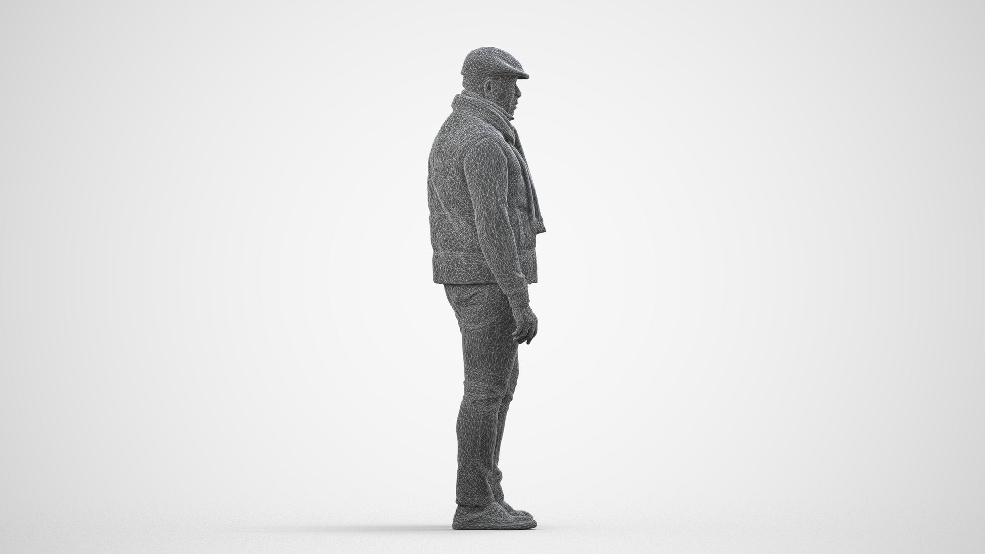 3D scanned man standing casual, photorealistic archviz people for Enscape and SketchUp, wireframe side view