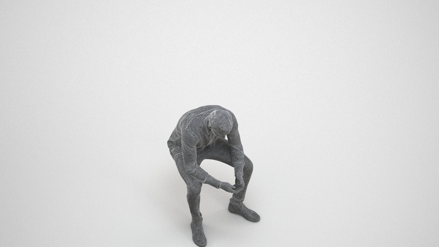 realistic 3D people man casual sitting, render-ready for V-Ray and Corona, FBX OBJ, wireframe three-quarter view