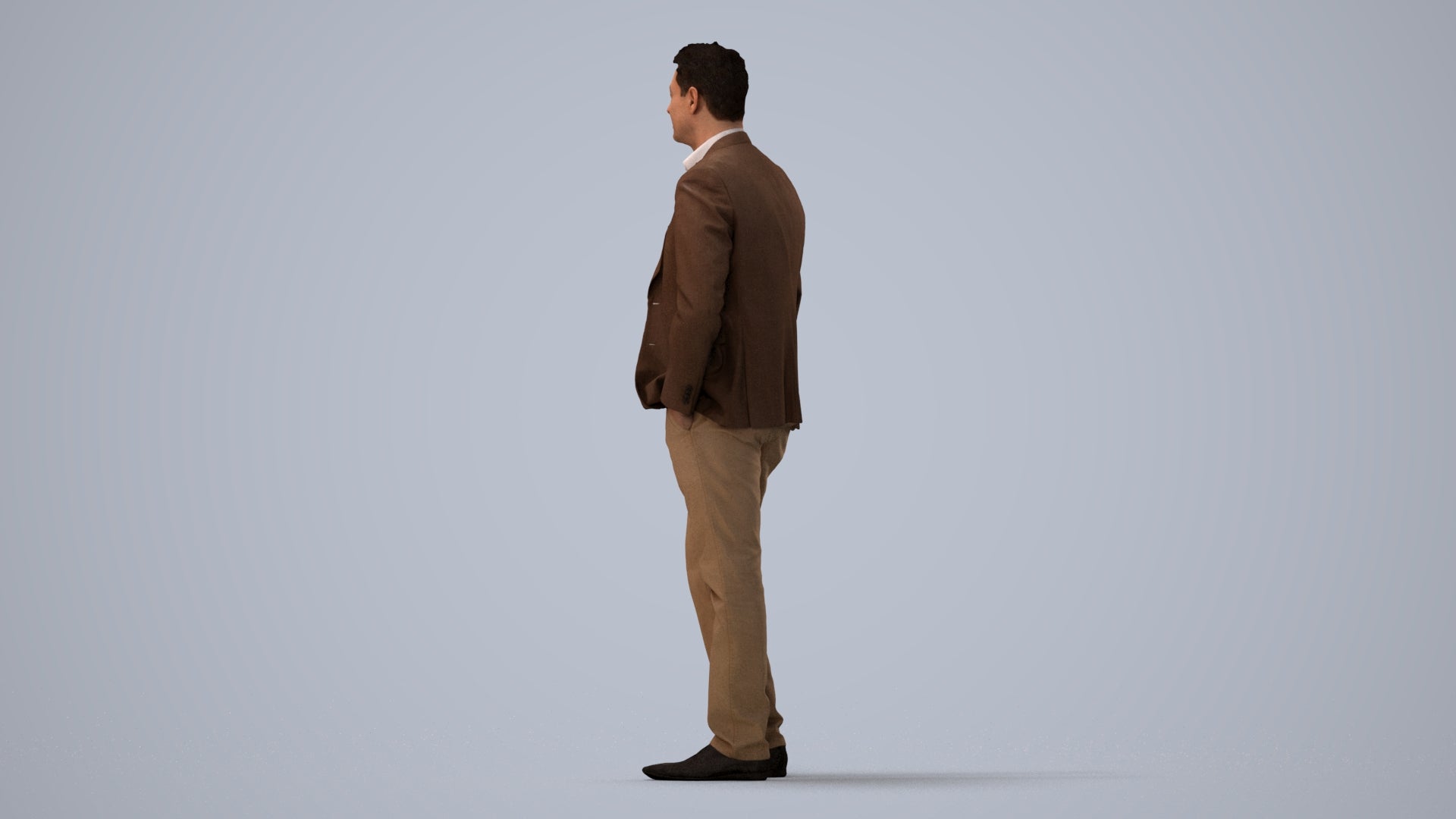 realistic 3D man business standing, scanned archviz people for Blender and 3ds Max, three-quarter view render