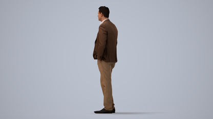 realistic 3D man business standing, scanned archviz people for Blender and 3ds Max, three-quarter view render