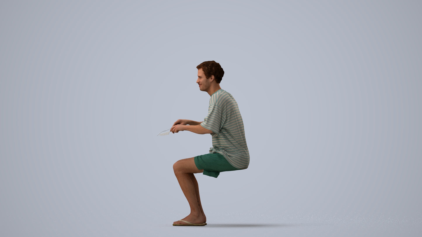 realistic 3D man casual sitting, scanned archviz people for Blender and 3ds Max, three-quarter view render