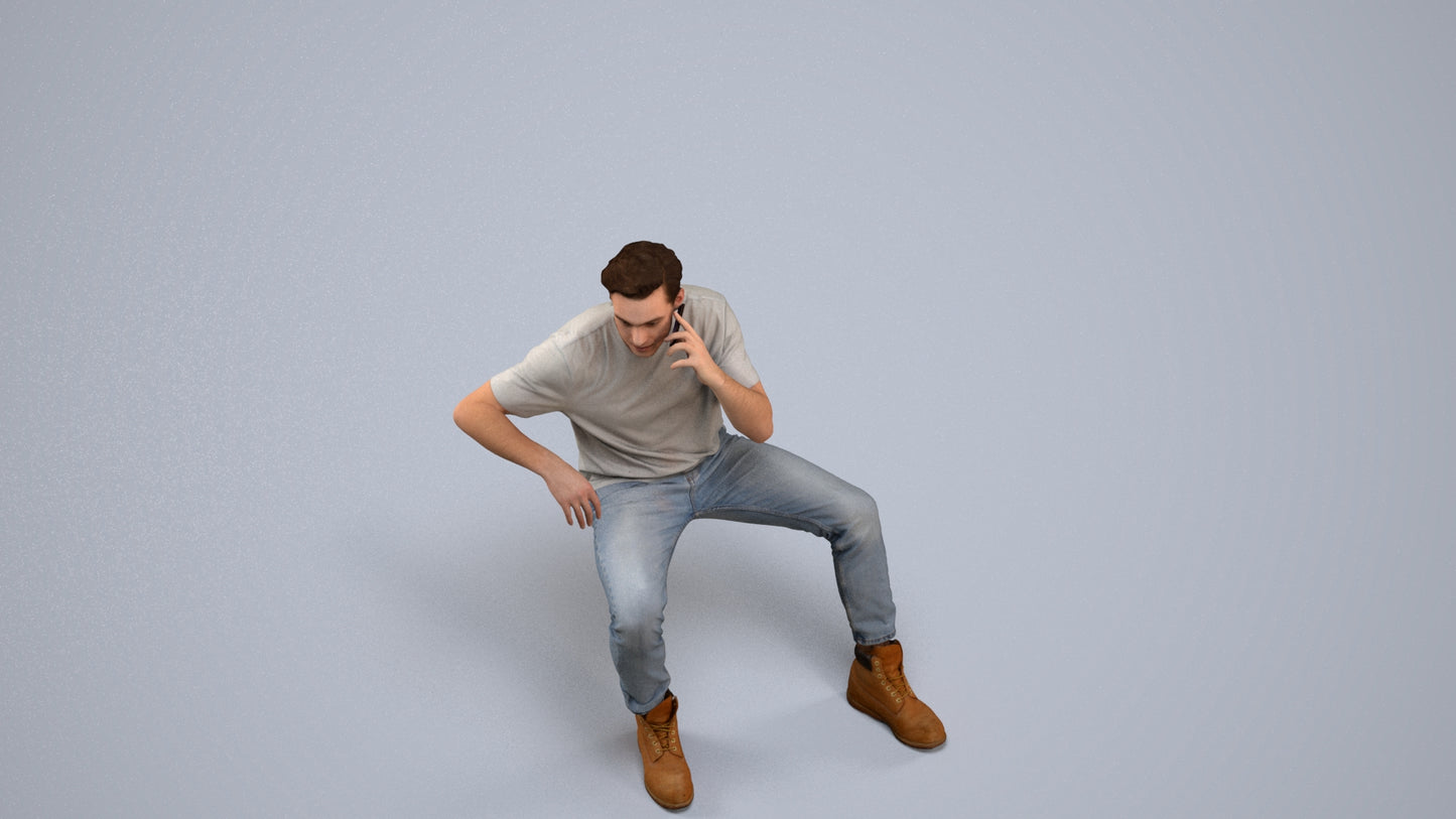 3D people model man casual sitting, scanned human for 3ds Max rendering, back view render