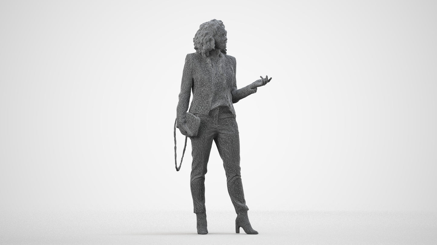 realistic 3D human woman business standing, archviz people FBX OBJ for Blender, wireframe side view