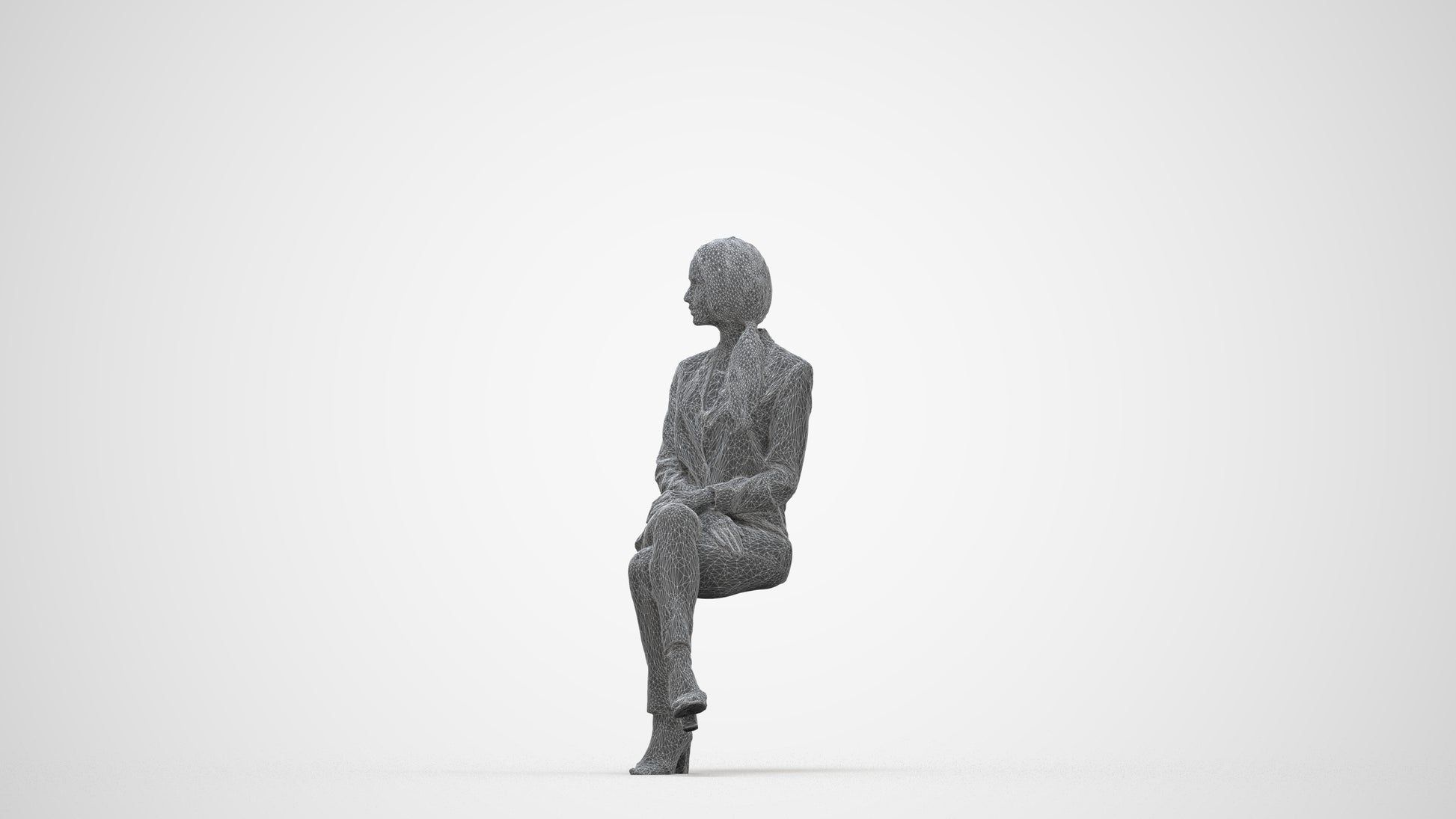3D scanned woman sitting business, photorealistic archviz people for Enscape and SketchUp, wireframe back view