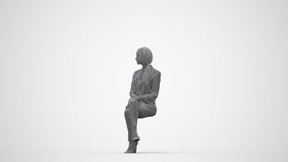 3D scanned woman sitting business, photorealistic archviz people for Enscape and SketchUp, wireframe back view