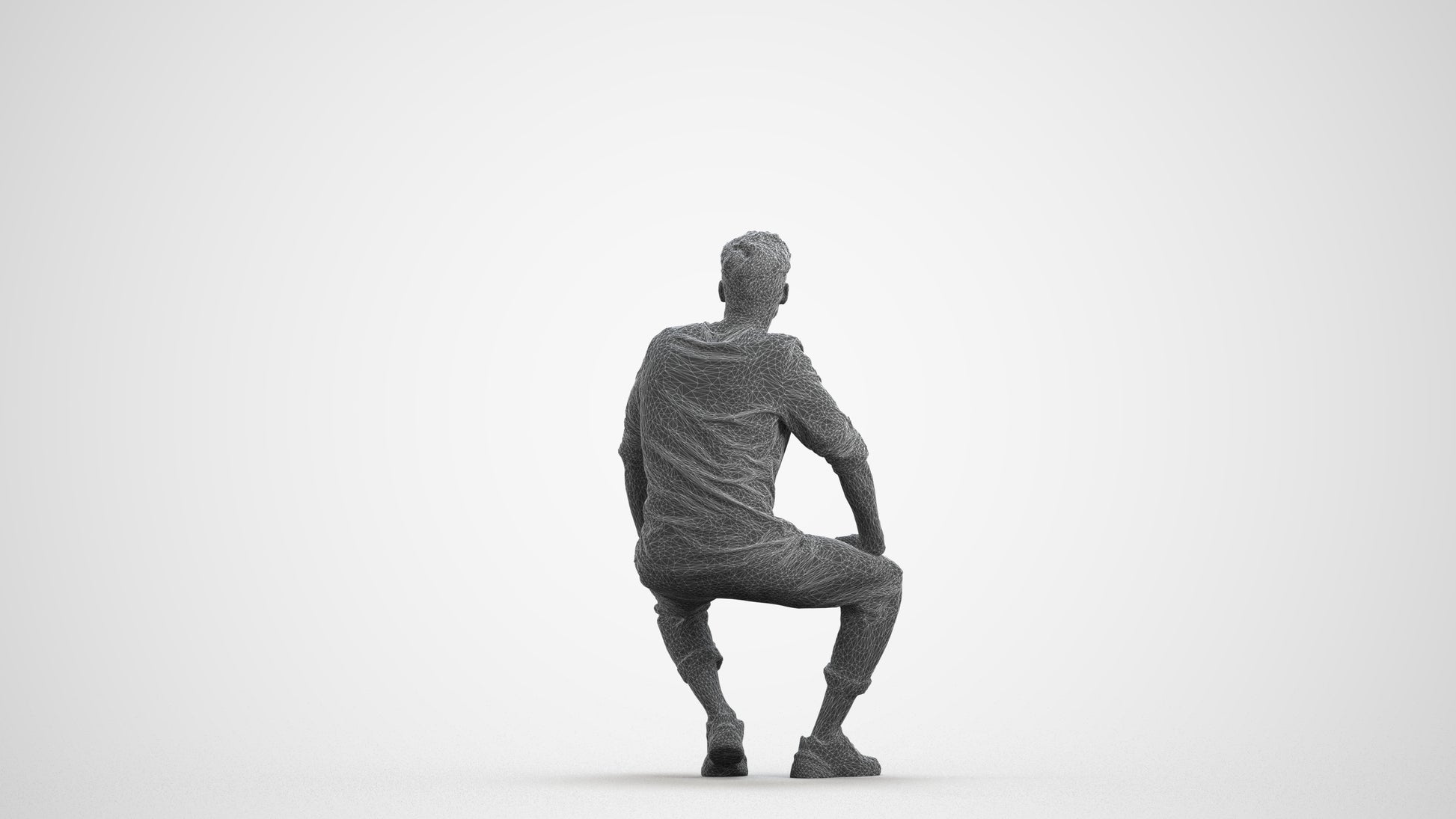 3D human model man casual sitting, photogrammetry scanned person for archviz, wireframe front view