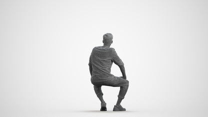 3D human model man casual sitting, photogrammetry scanned person for archviz, wireframe front view