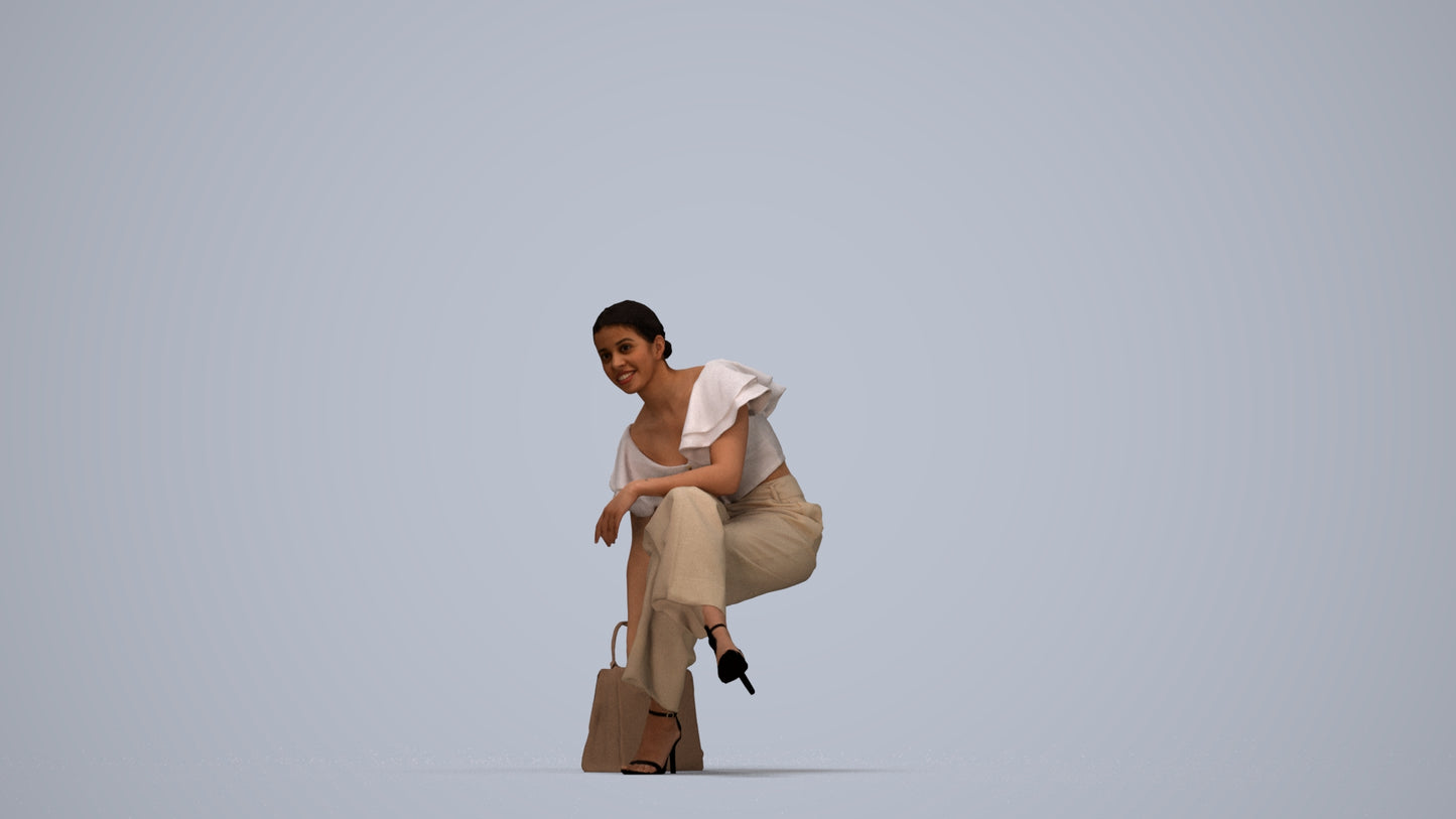 realistic 3D human woman casual sitting, archviz people FBX OBJ for Blender, top-down view render