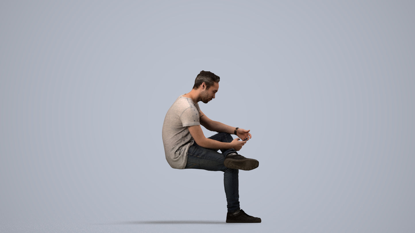 3D scanned man sitting casual, photorealistic archviz people for Enscape and SketchUp, side view render