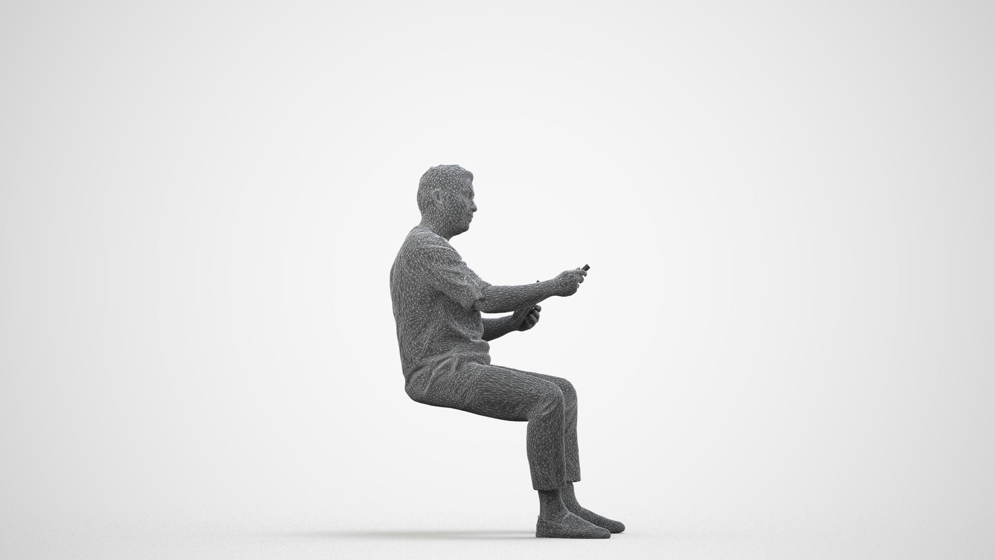 photogrammetry 3D man casual sitting, realistic human model archviz FBX, wireframe side view