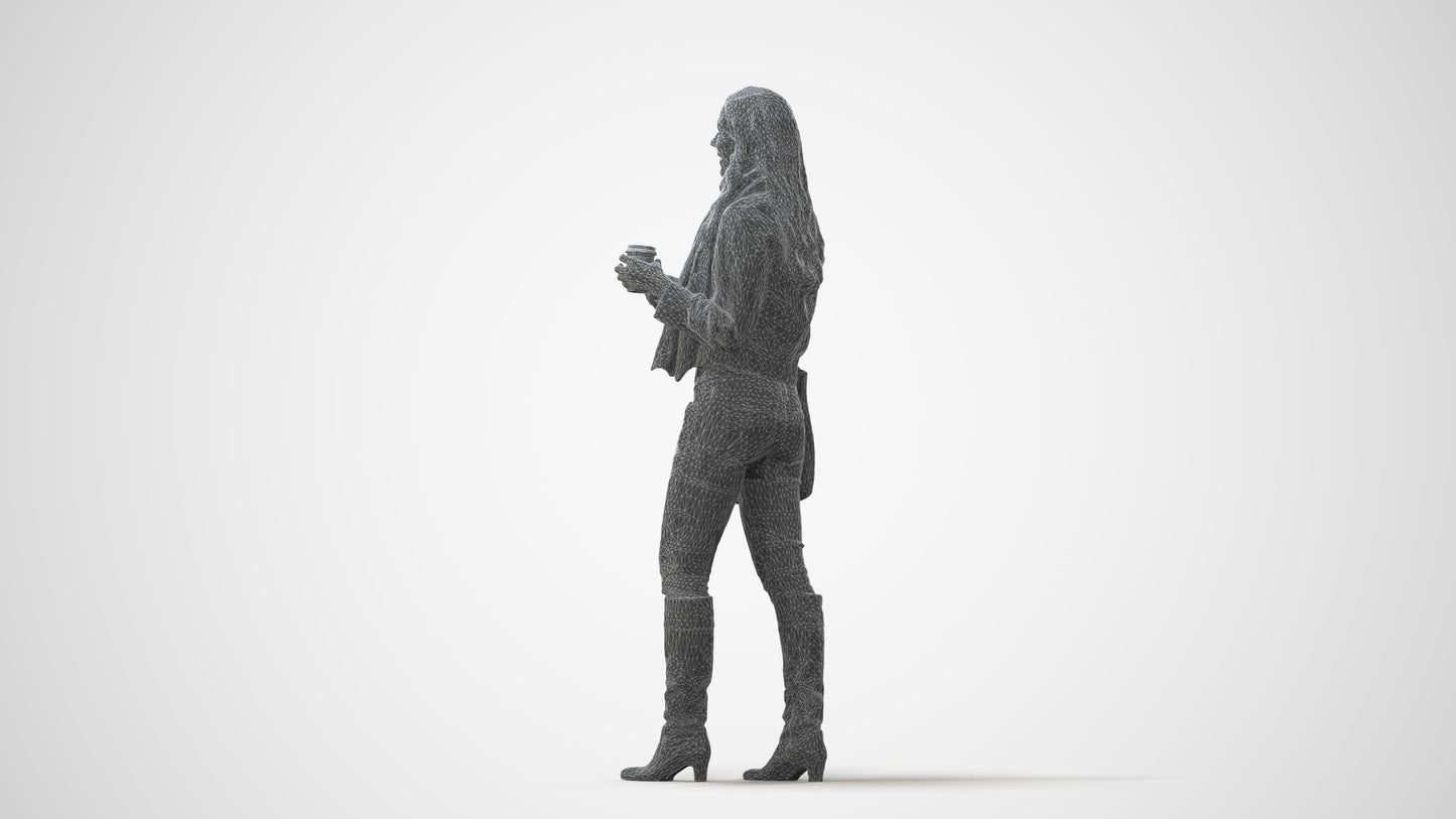 3D human model woman casual standing, photogrammetry scanned person for archviz, square thumbnail