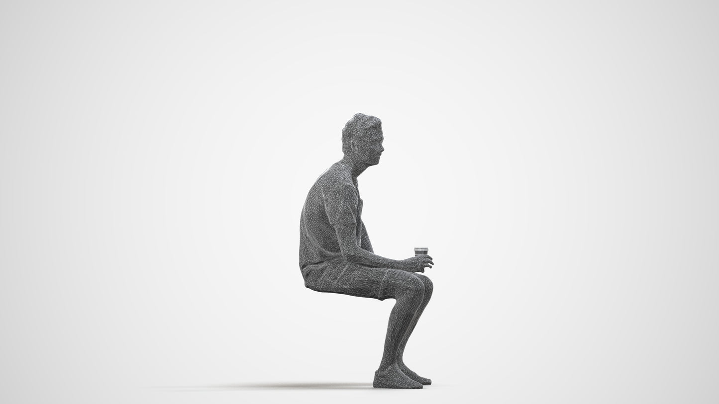 realistic 3D man casual sitting, scanned archviz people for Blender and 3ds Max, wireframe side view