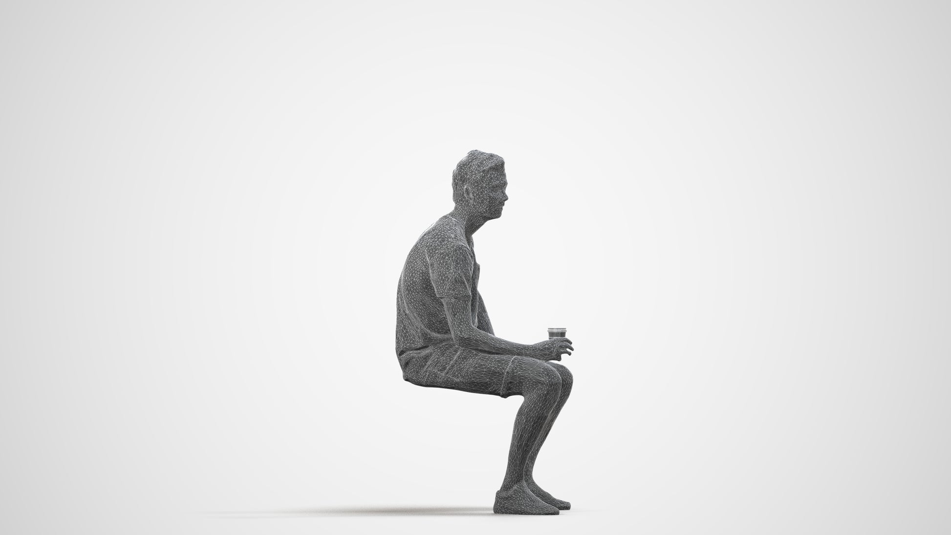 realistic 3D man casual sitting, scanned archviz people for Blender and 3ds Max, wireframe side view