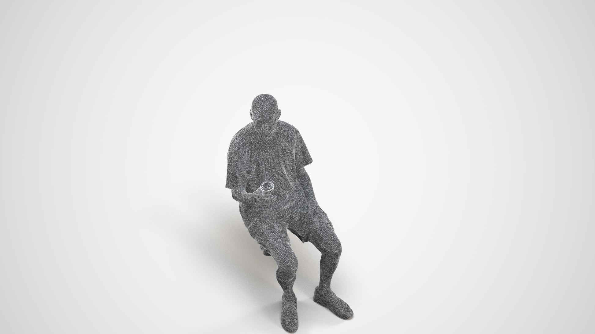 3D human model senior man casual sitting, photogrammetry scanned person for archviz, wireframe three-quarter view