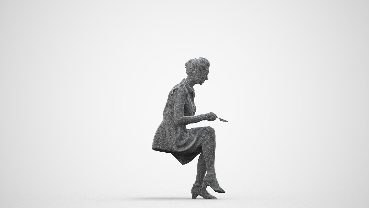 3D scanned woman sitting casual, photorealistic archviz people for Enscape and SketchUp, wireframe side view
