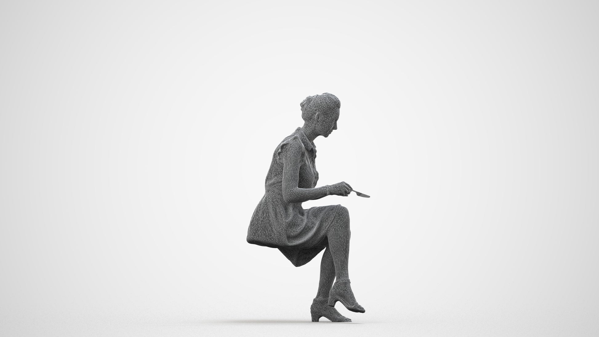 3D scanned woman sitting casual, photorealistic archviz people for Enscape and SketchUp, wireframe side view