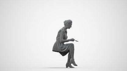 3D scanned woman sitting casual, photorealistic archviz people for Enscape and SketchUp, wireframe side view