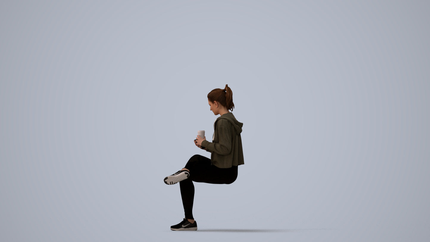 realistic 3D woman sport sitting, scanned archviz people for Blender and 3ds Max, three-quarter view render