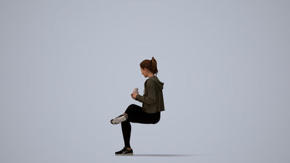 realistic 3D woman sport sitting, scanned archviz people for Blender and 3ds Max, three-quarter view render