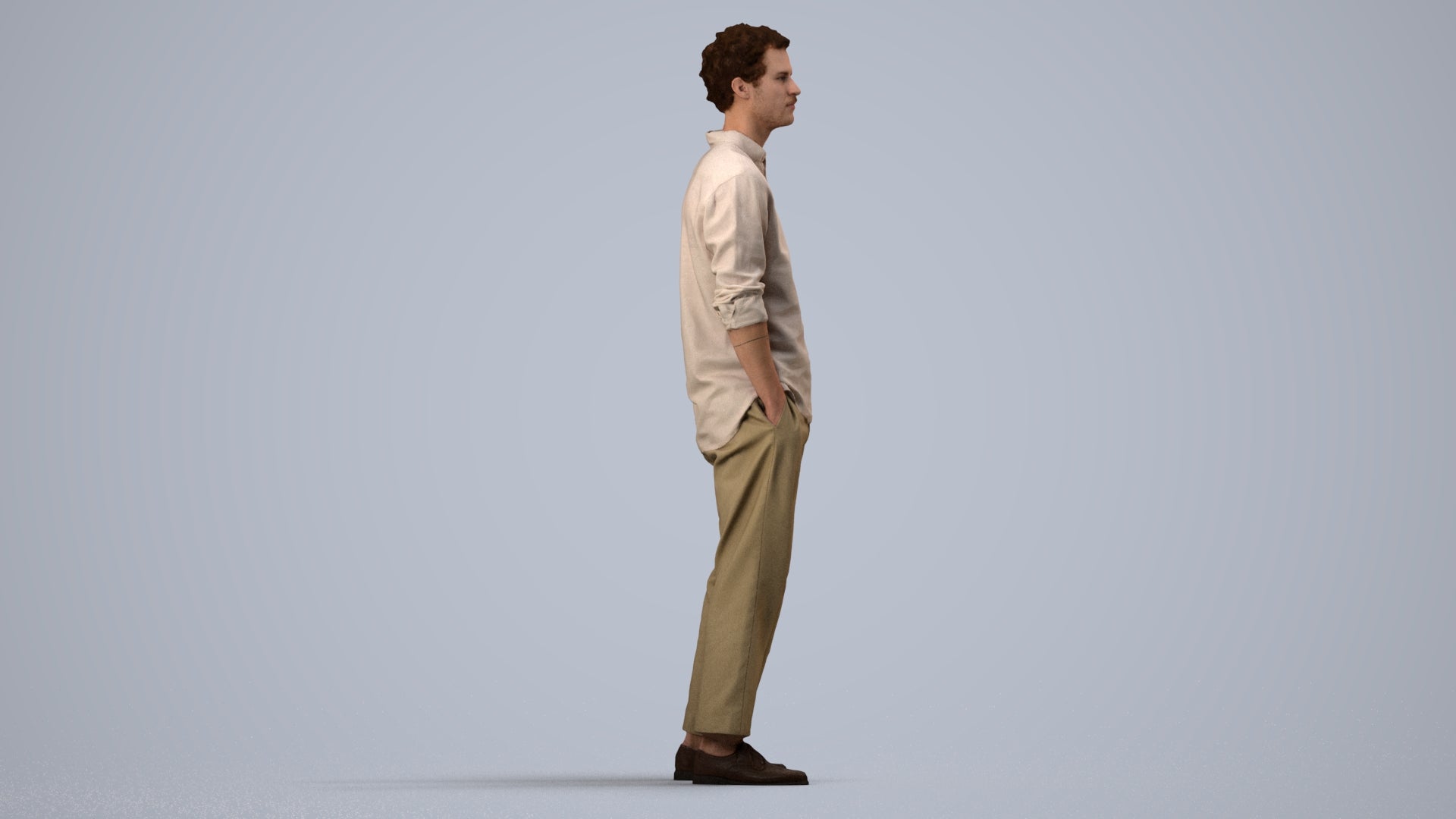 3D human model man casual standing, photogrammetry scanned person for archviz, side view render