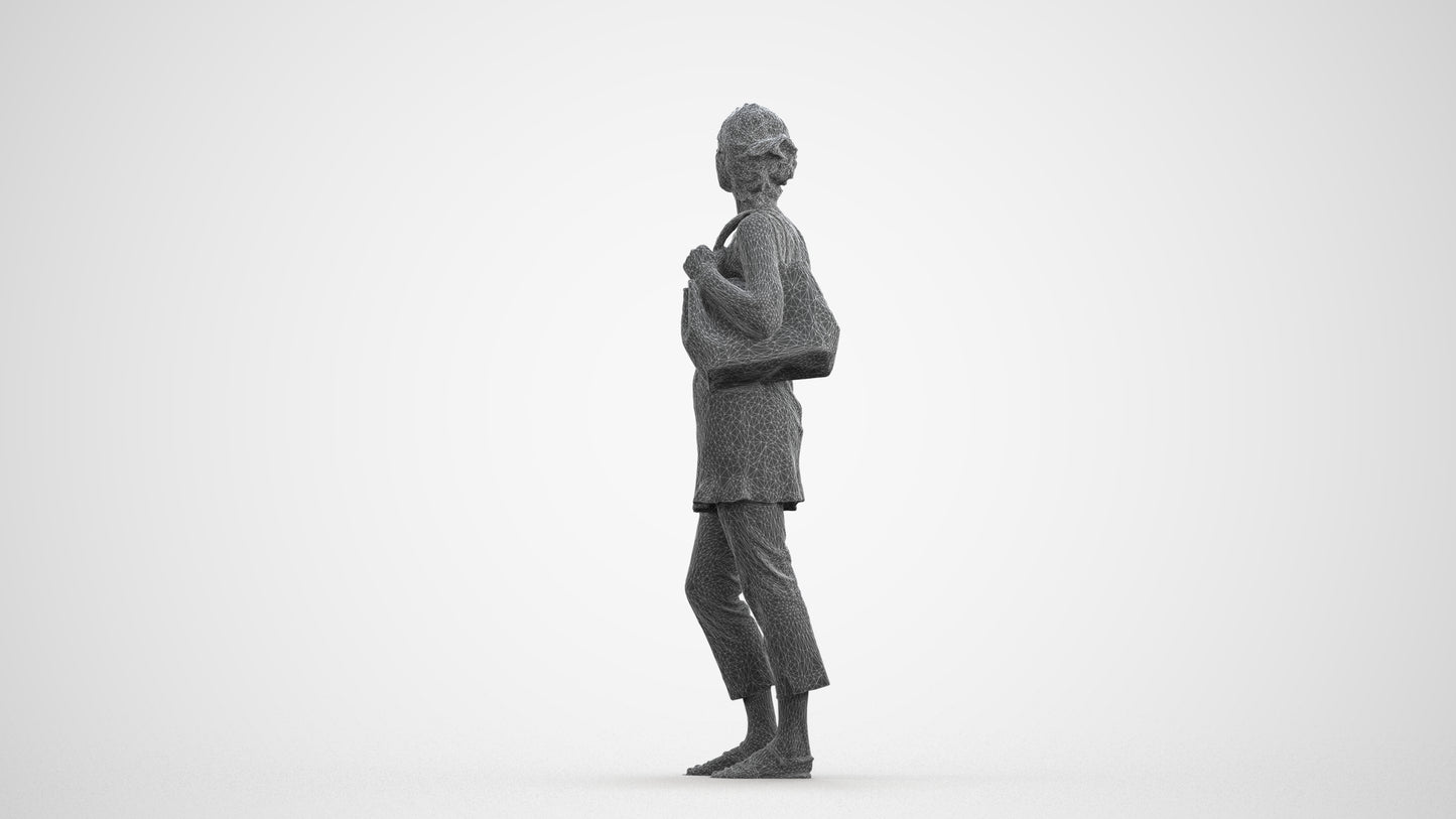 3D scanned senior woman standing casual, photorealistic archviz people for Enscape and SketchUp, wireframe front view