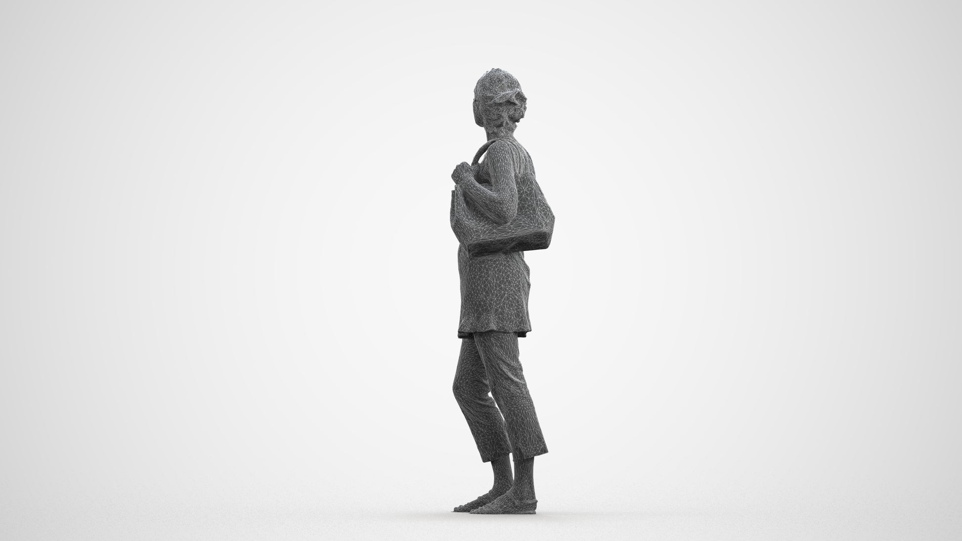 3D scanned senior woman standing casual, photorealistic archviz people for Enscape and SketchUp, wireframe front view