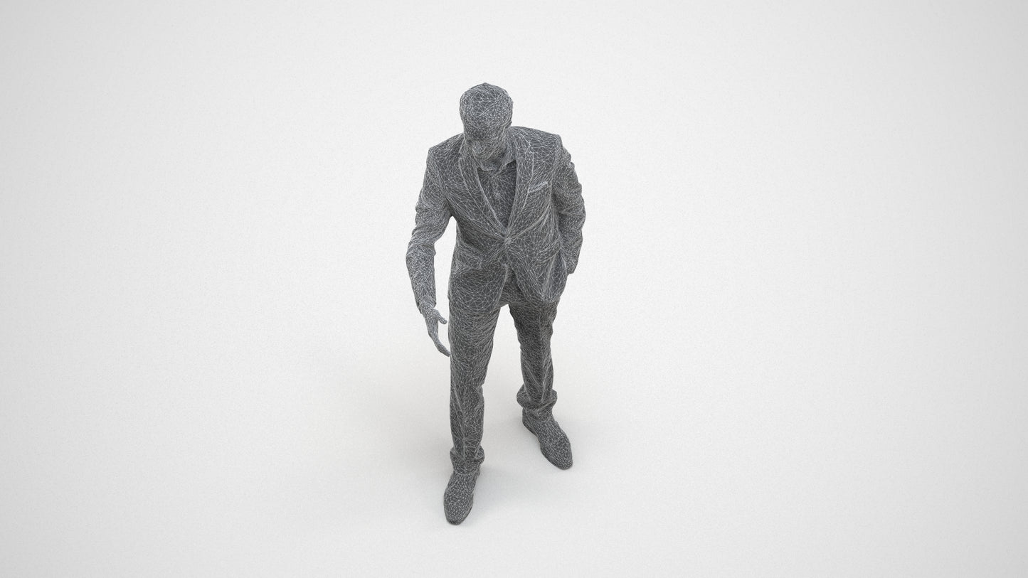 realistic 3D human man business, archviz people FBX OBJ for Blender, wireframe three-quarter view