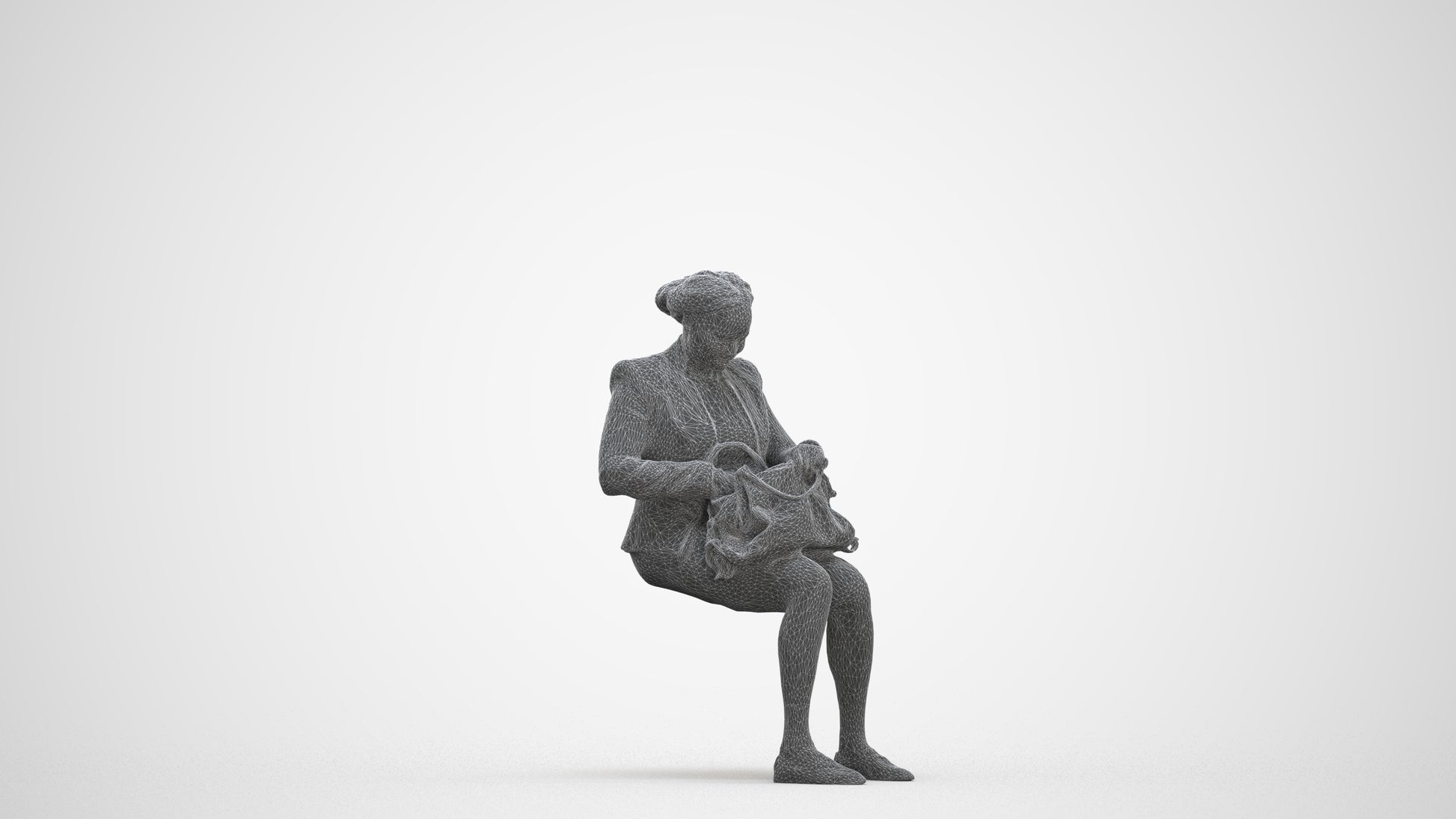3D human model woman business sitting, photogrammetry scanned person for archviz, three-quarter front view render
