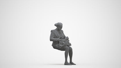 3D human model woman business sitting, photogrammetry scanned person for archviz, three-quarter front view render