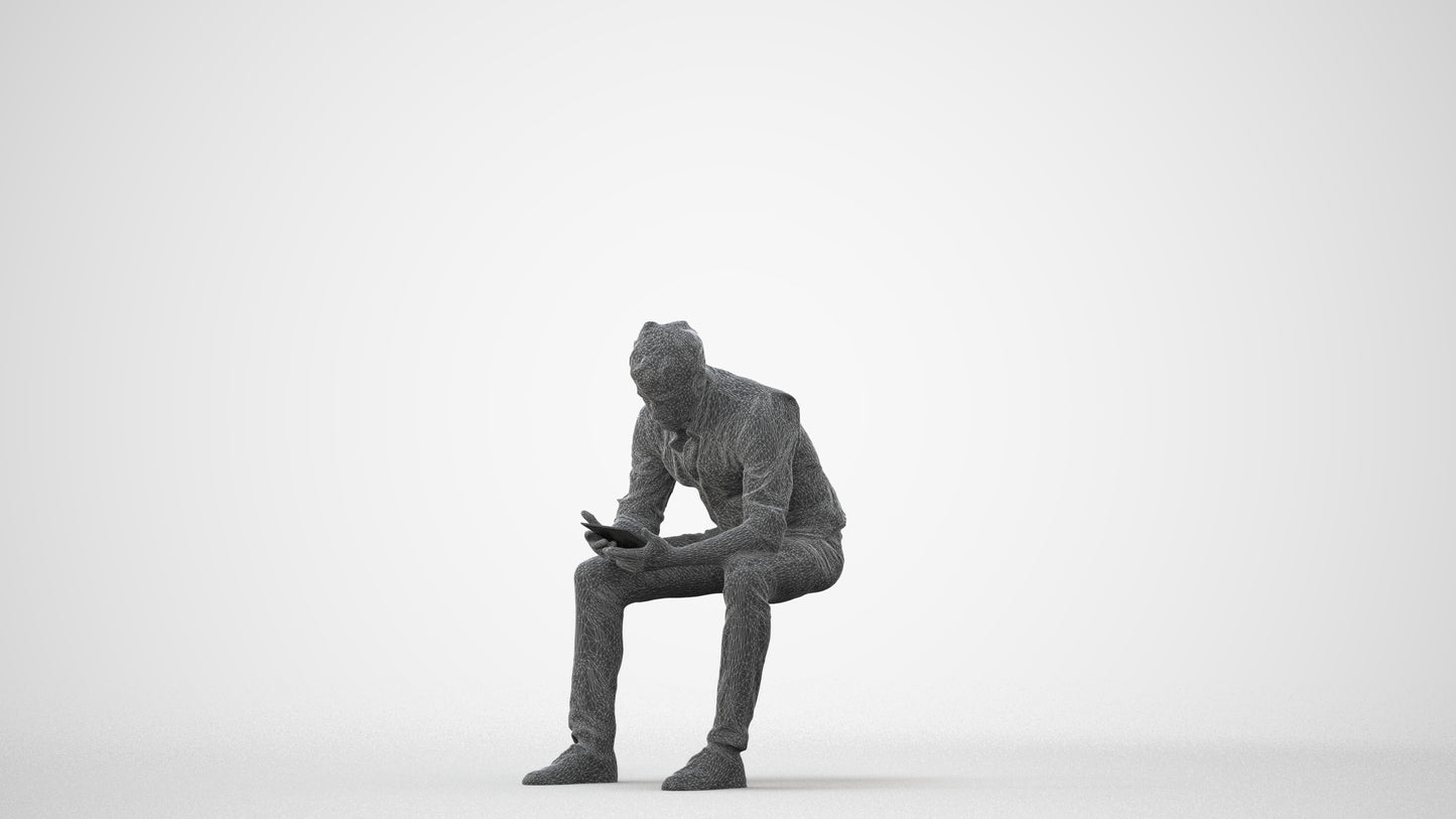 scanned 3D man casual sitting, photogrammetry people for Enscape and V-Ray, square thumbnail