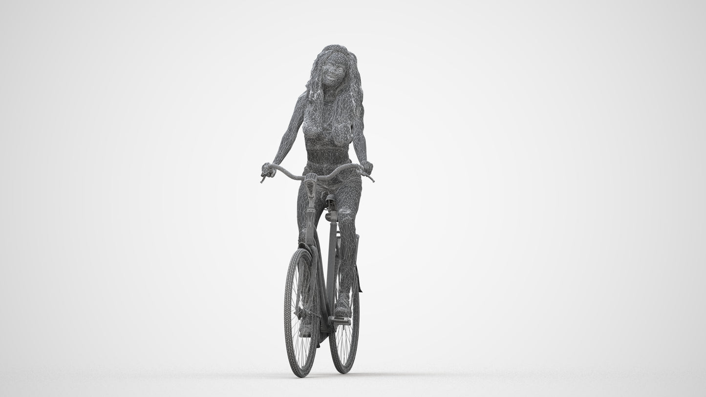 3D scanned woman cycling casual, photorealistic archviz people for Enscape and SketchUp, wireframe back view