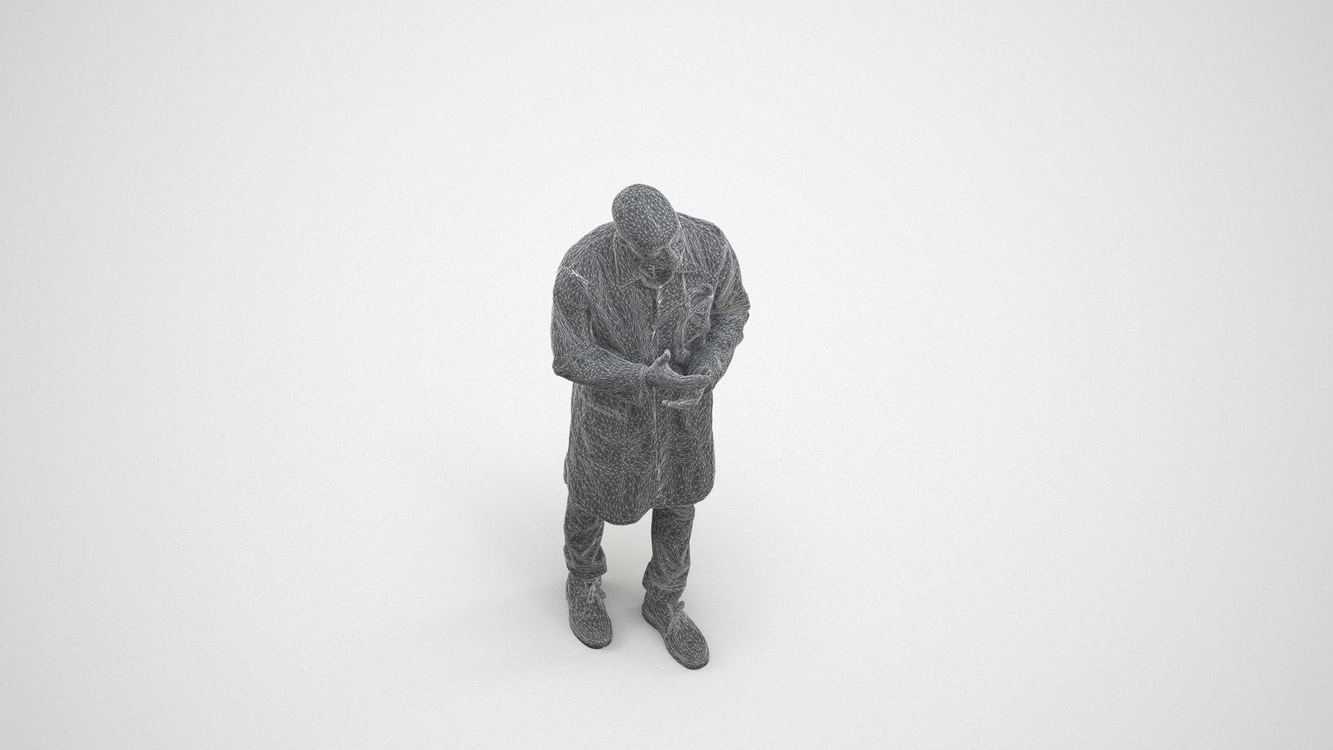 3D scanned man standing, photorealistic archviz people for Enscape and SketchUp, wireframe three-quarter view