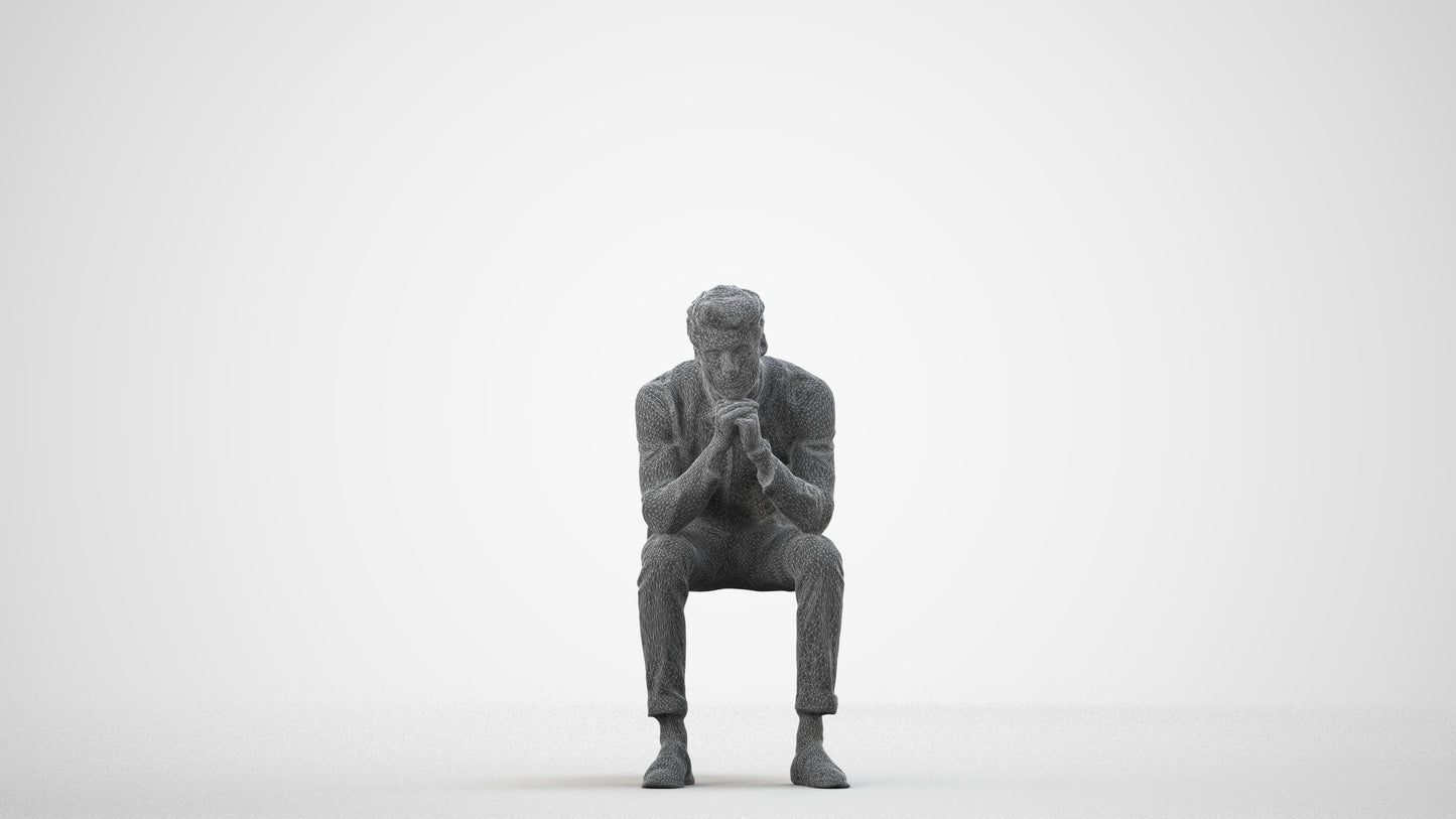 3D people model man casual sitting, scanned human for 3ds Max rendering, wireframe side view