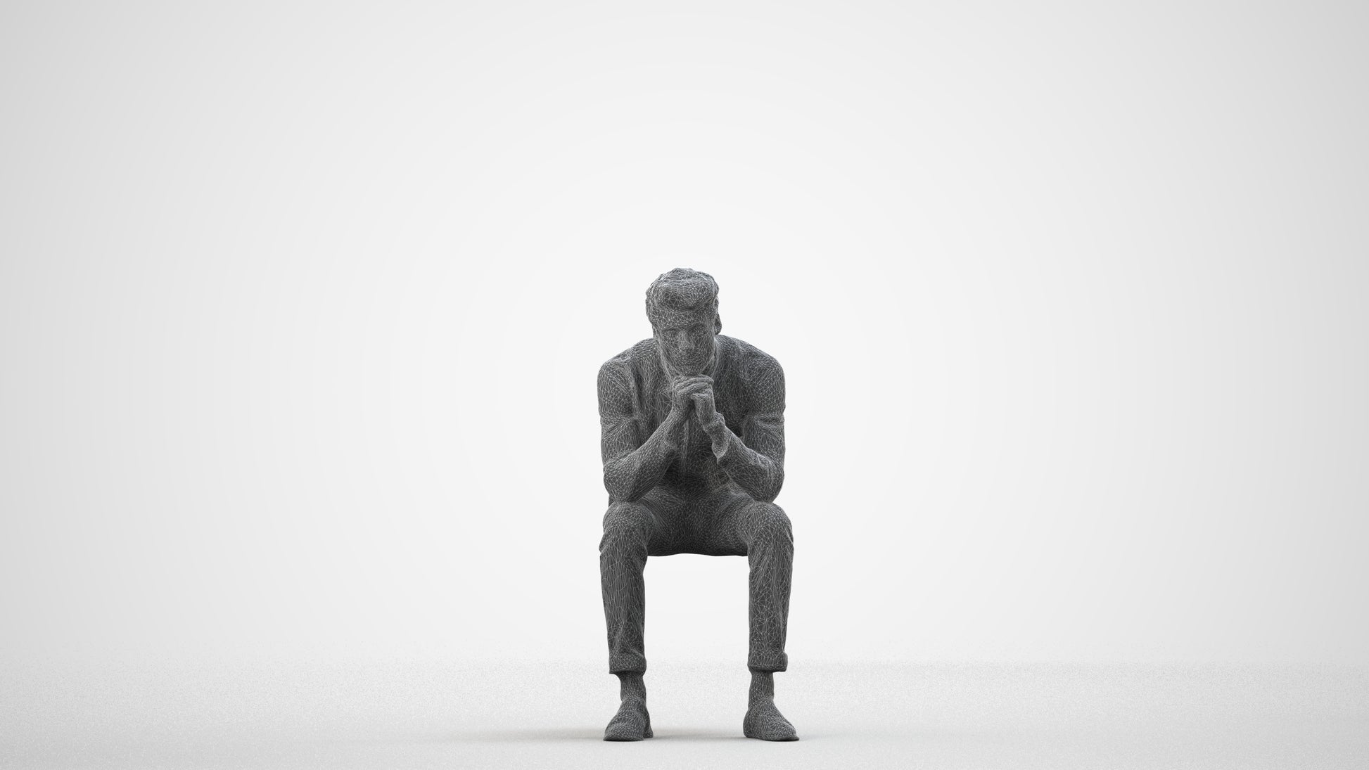 3D people model man casual sitting, scanned human for 3ds Max rendering, wireframe side view