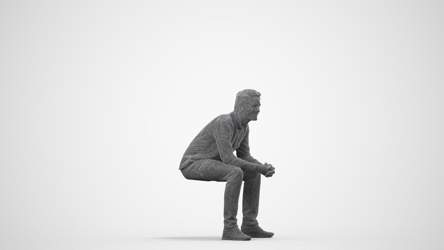 photogrammetry 3D man casual sitting, realistic human model archviz FBX, wireframe side view
