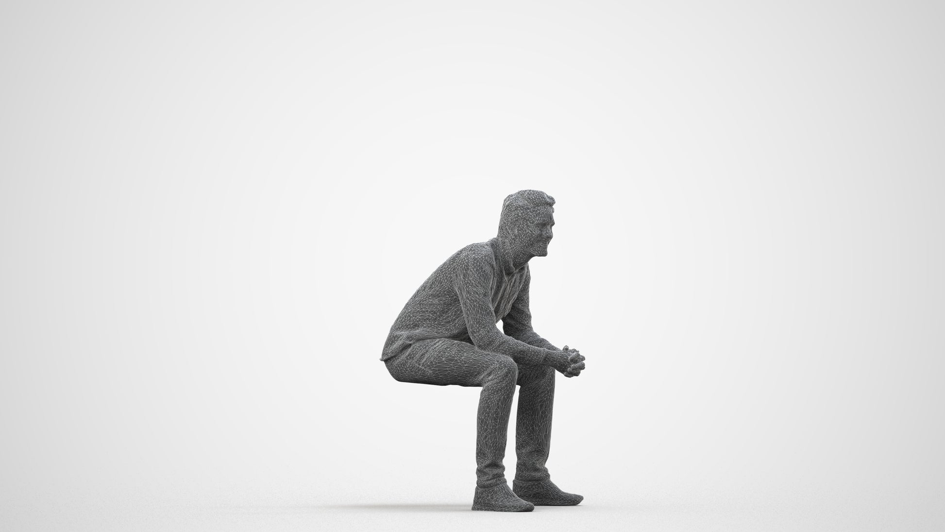 photogrammetry 3D man casual sitting, realistic human model archviz FBX, wireframe side view