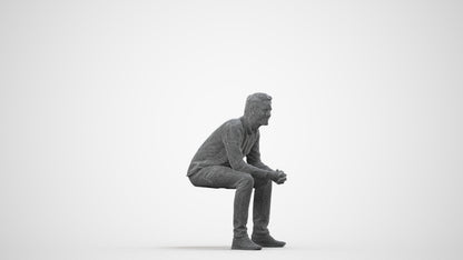 photogrammetry 3D man casual sitting, realistic human model archviz FBX, wireframe side view