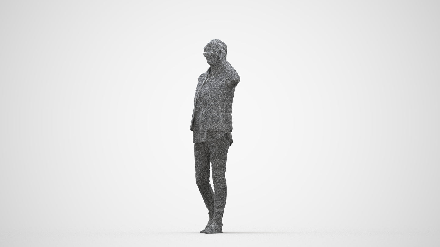 3D human model senior woman casual standing, photogrammetry scanned person for archviz, wireframe back view