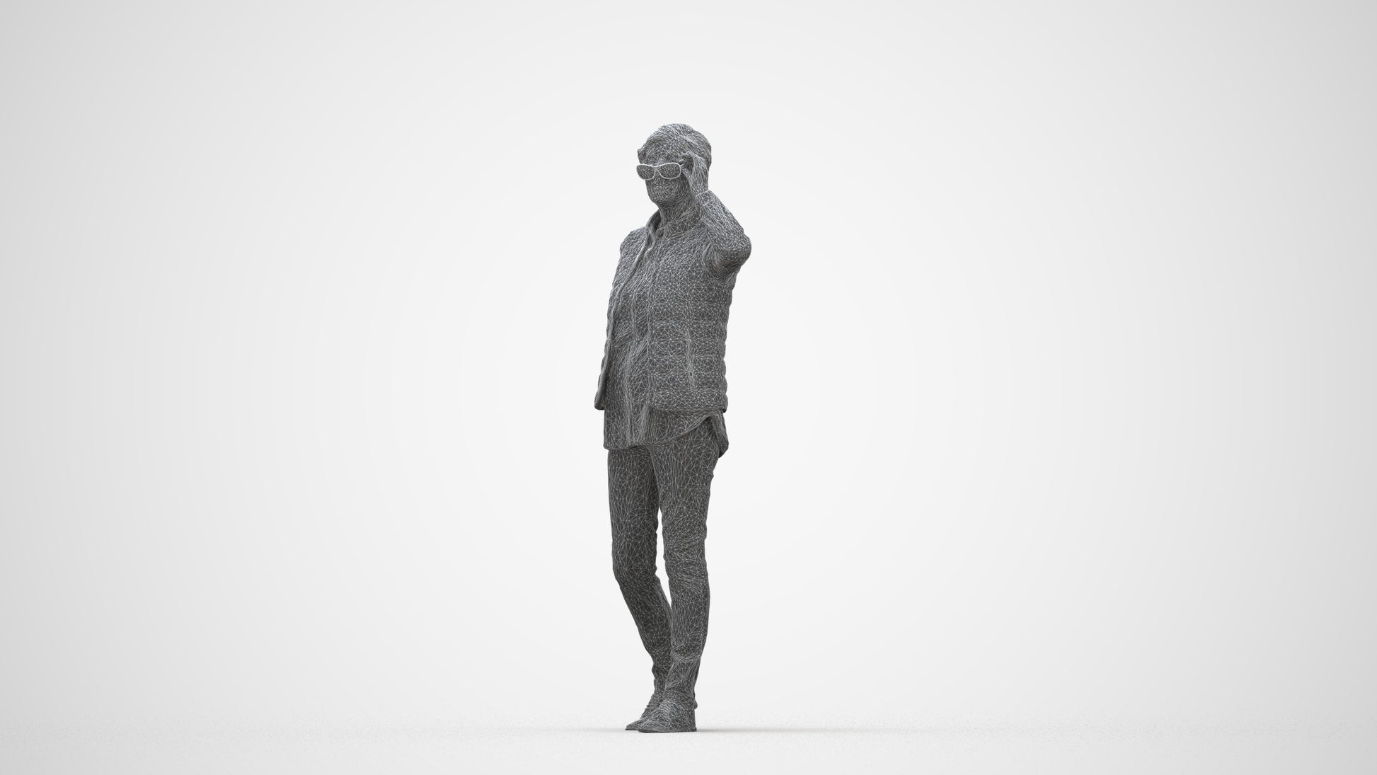 3D human model senior woman casual standing, photogrammetry scanned person for archviz, wireframe back view