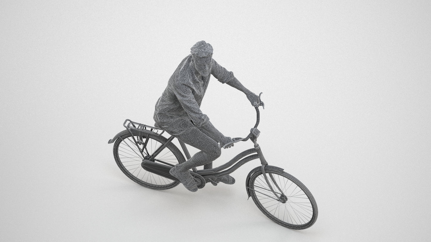 3D scanned man cycling casual, photorealistic archviz people for Enscape and SketchUp, wireframe three-quarter view