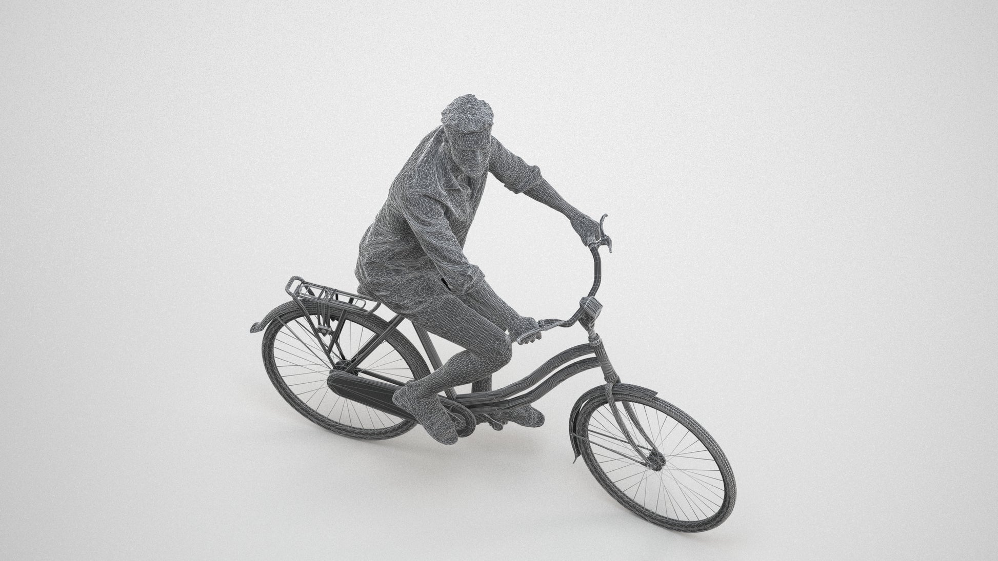 3D scanned man cycling casual, photorealistic archviz people for Enscape and SketchUp, wireframe three-quarter view