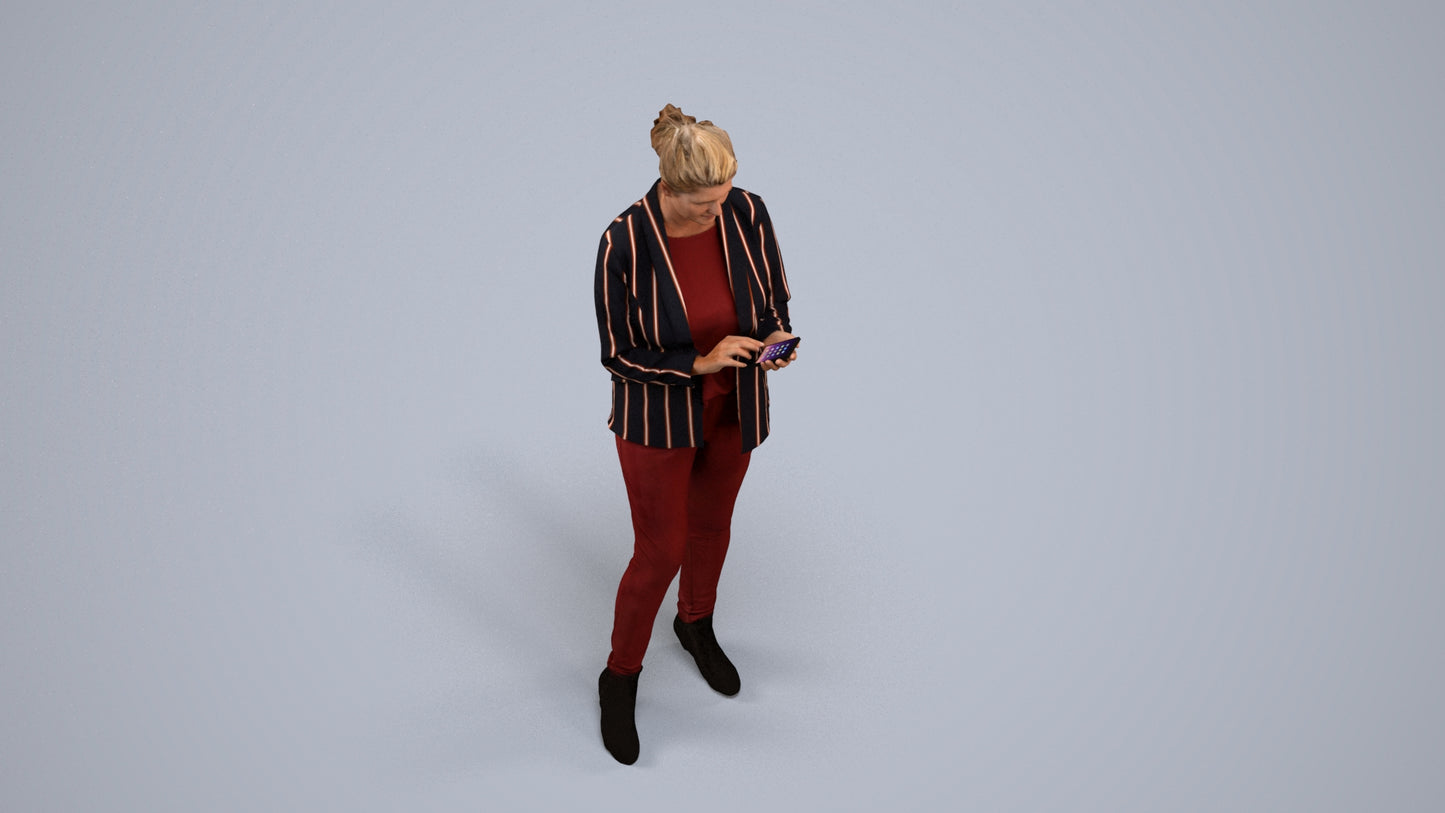 realistic 3D human woman business standing, archviz people FBX OBJ for Blender, back view render