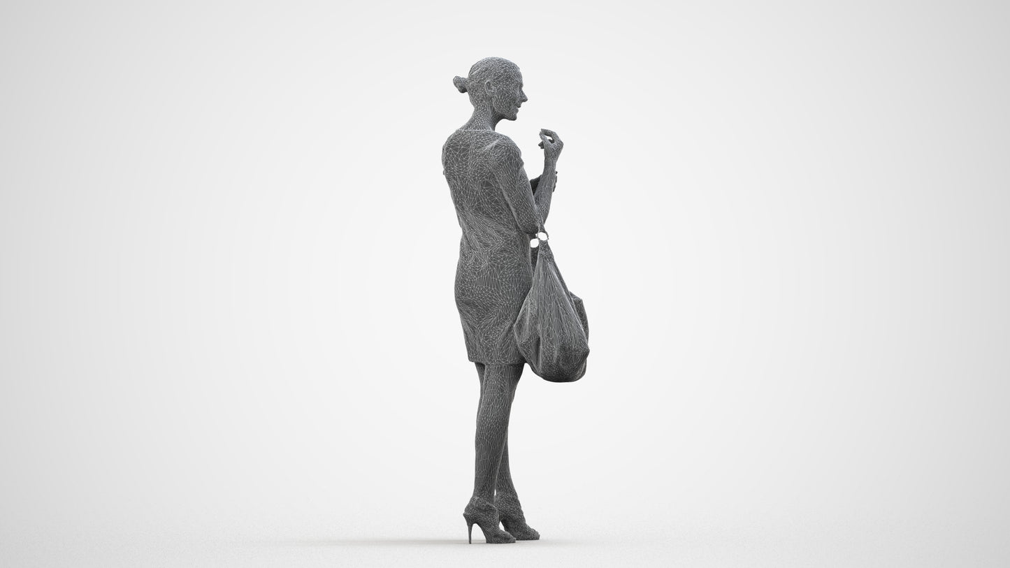 3D people model woman business standing, scanned human for 3ds Max rendering, wireframe side view