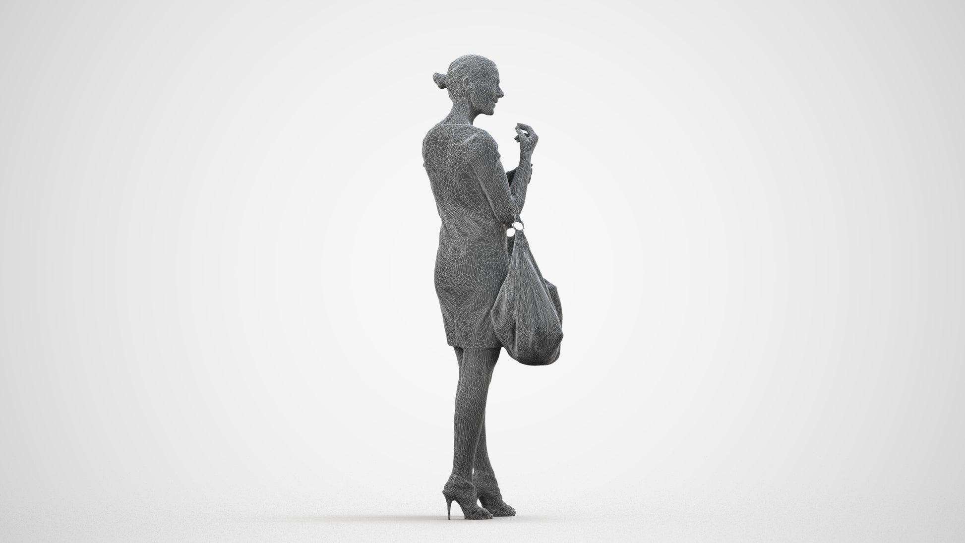 3D people model woman business standing, scanned human for 3ds Max rendering, wireframe side view