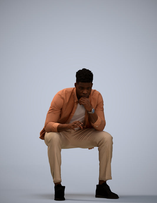 3D human model man casual sitting, photogrammetry scanned person for archviz