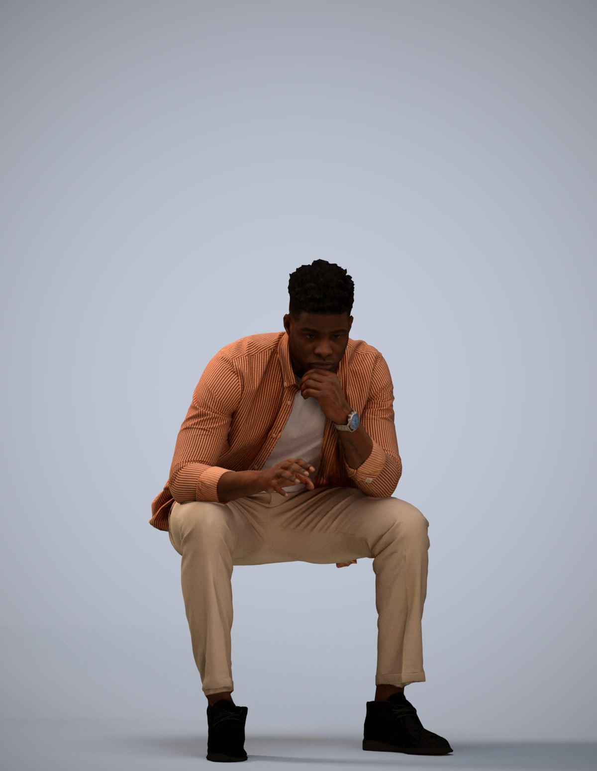 3D human model man casual sitting, photogrammetry scanned person for archviz