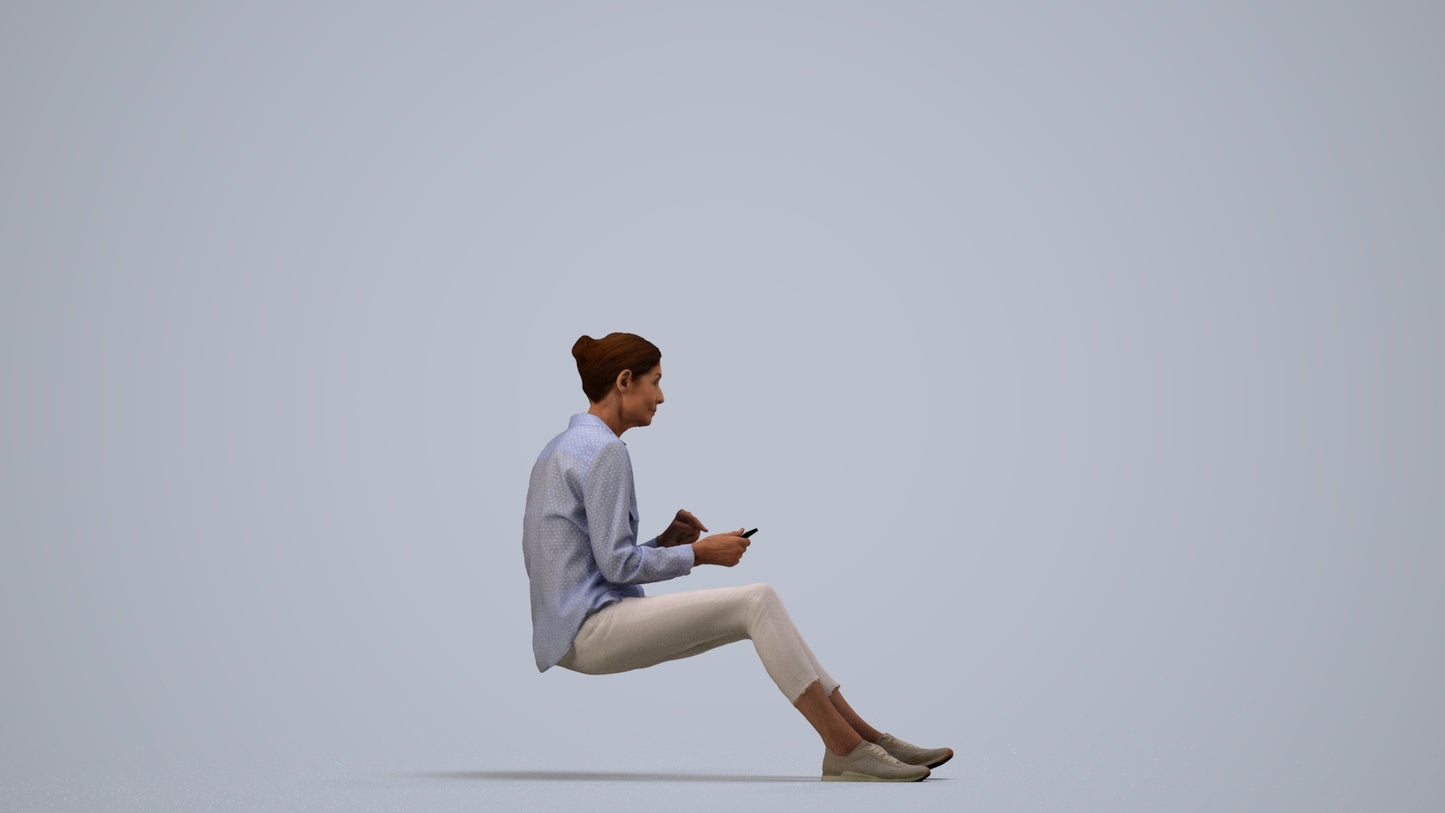 3D scanned senior woman sitting casual, photorealistic archviz people for Enscape and SketchUp, side view render