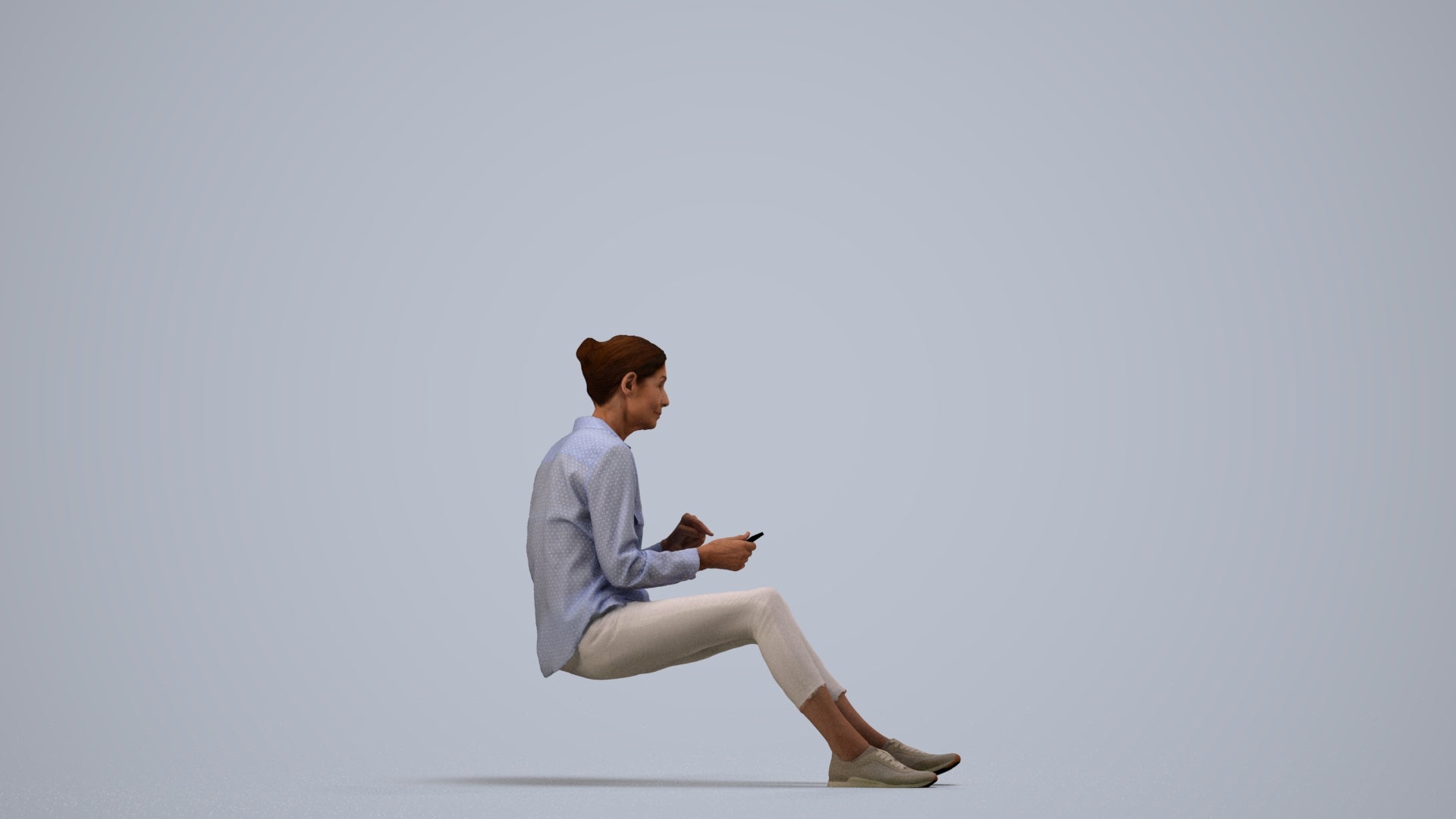 3D scanned senior woman sitting casual, photorealistic archviz people for Enscape and SketchUp, side view render